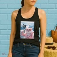 Fat Cat on a Yacht Boat with Shark Cool Funny Cat Meme Women's Tank Top thumb 2