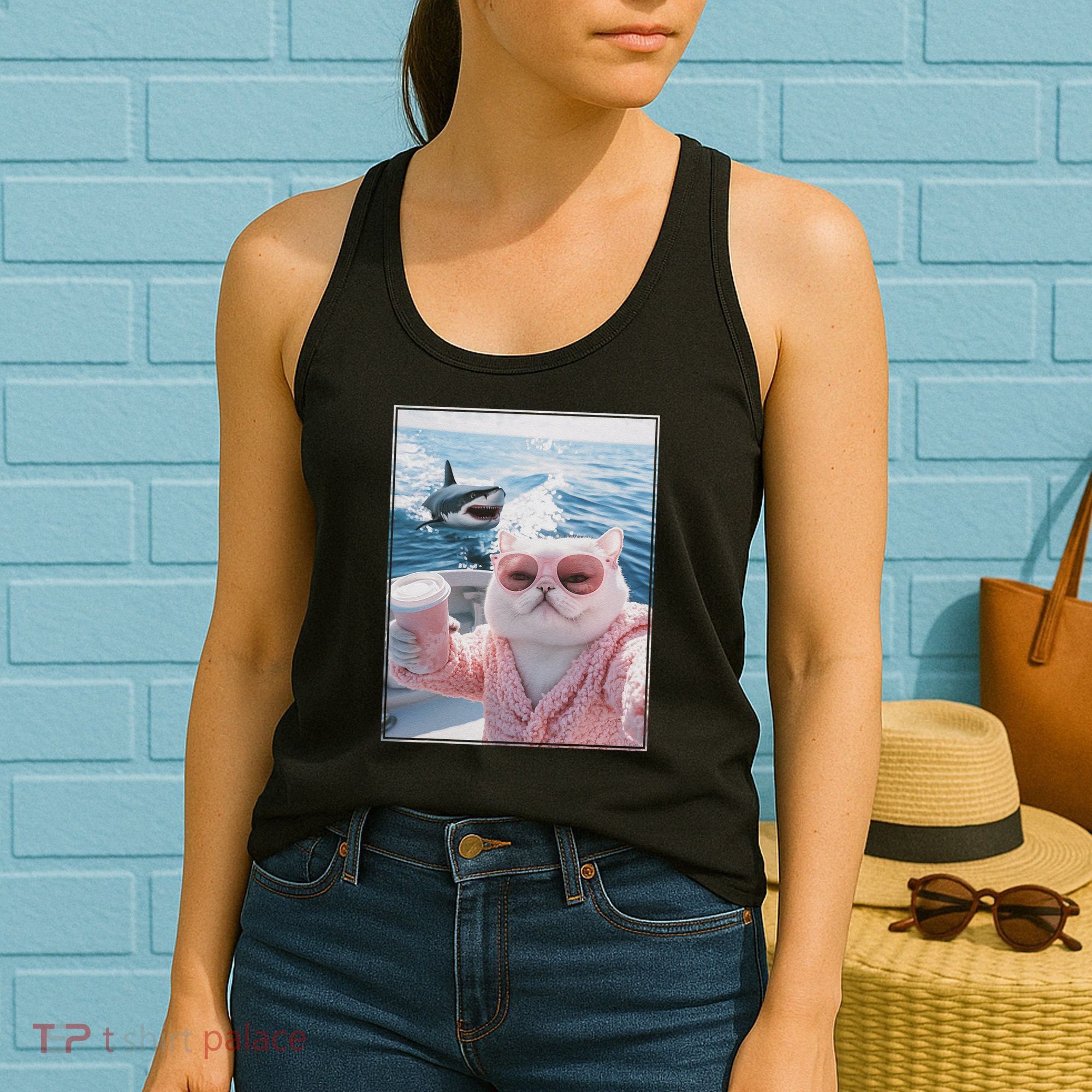 Fat Cat on a Yacht Boat with Shark Cool Funny Cat Meme Women's Tank Top