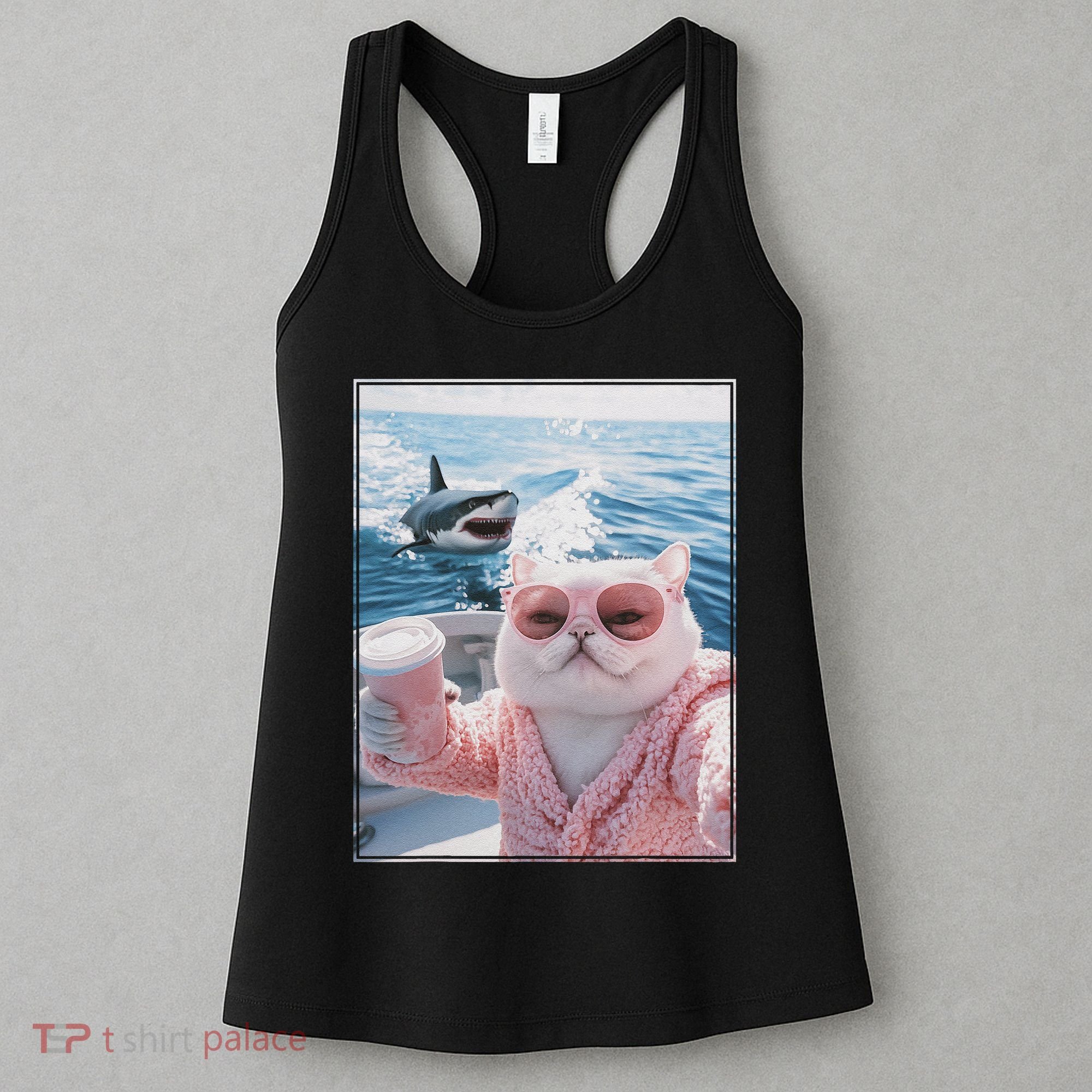 Fat Cat on a Yacht Boat with Shark Cool Funny Cat Meme Women's Tank Top