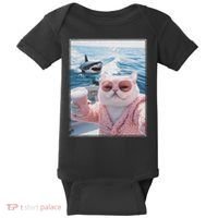 Fat Cat on a Yacht Boat with Shark Cool Funny Cat Meme Baby Bodysuit thumb 0