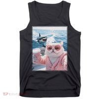 Fat Cat on a Yacht Boat with Shark Cool Funny Cat Meme Tank Top thumb 0