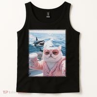 Fat Cat on a Yacht Boat with Shark Cool Funny Cat Meme Tank Top thumb 2