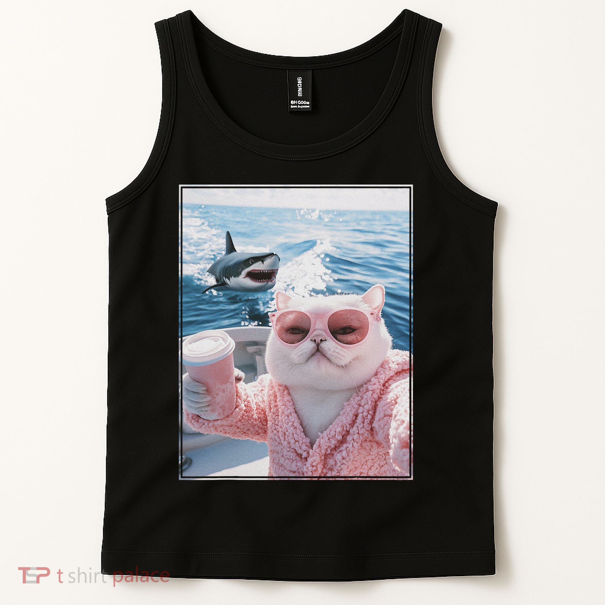 Fat Cat on a Yacht Boat with Shark Cool Funny Cat Meme Tank Top