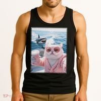 Fat Cat on a Yacht Boat with Shark Cool Funny Cat Meme Tank Top thumb 3
