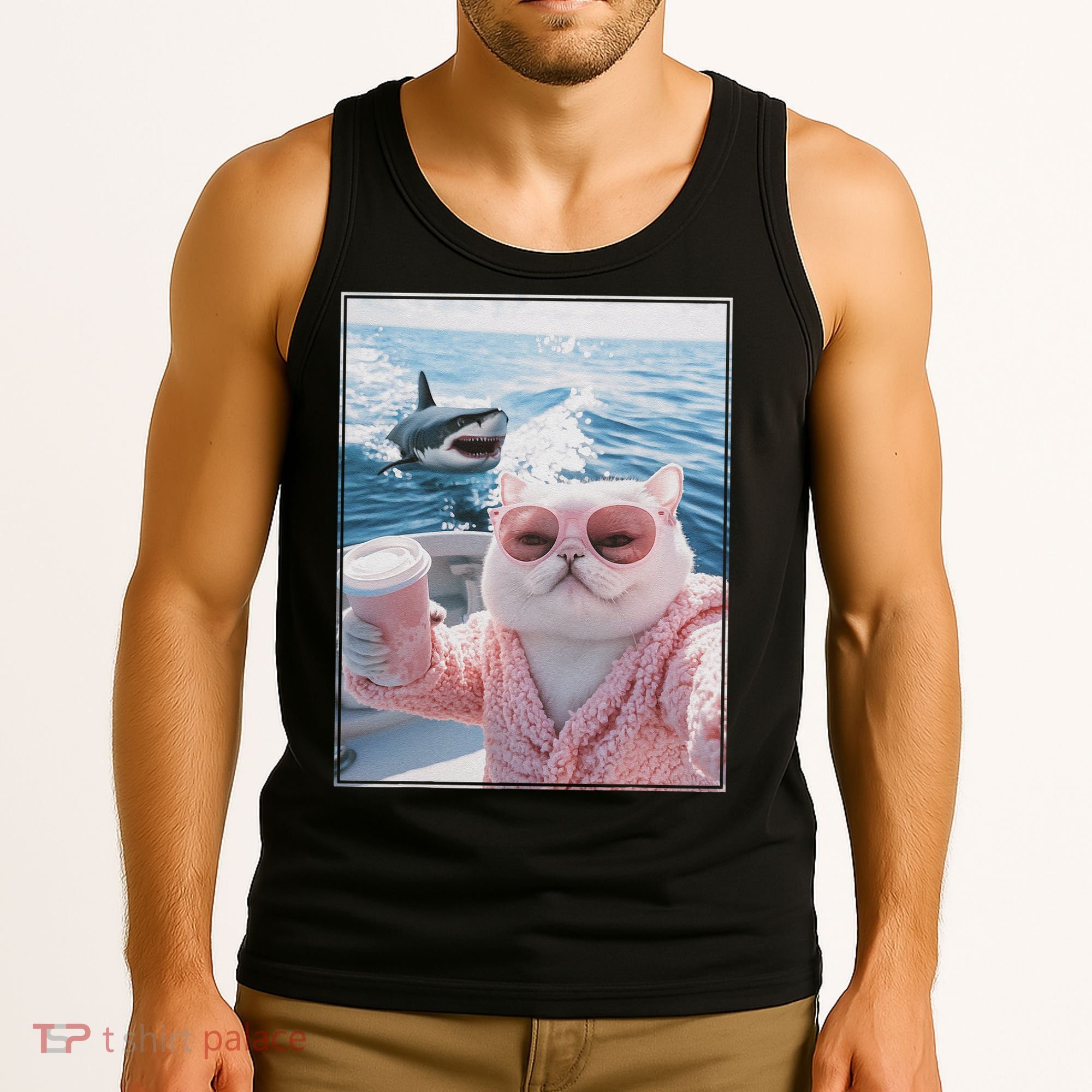 Fat Cat on a Yacht Boat with Shark Cool Funny Cat Meme Tank Top
