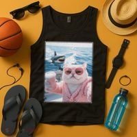 Fat Cat on a Yacht Boat with Shark Cool Funny Cat Meme Tank Top thumb 4