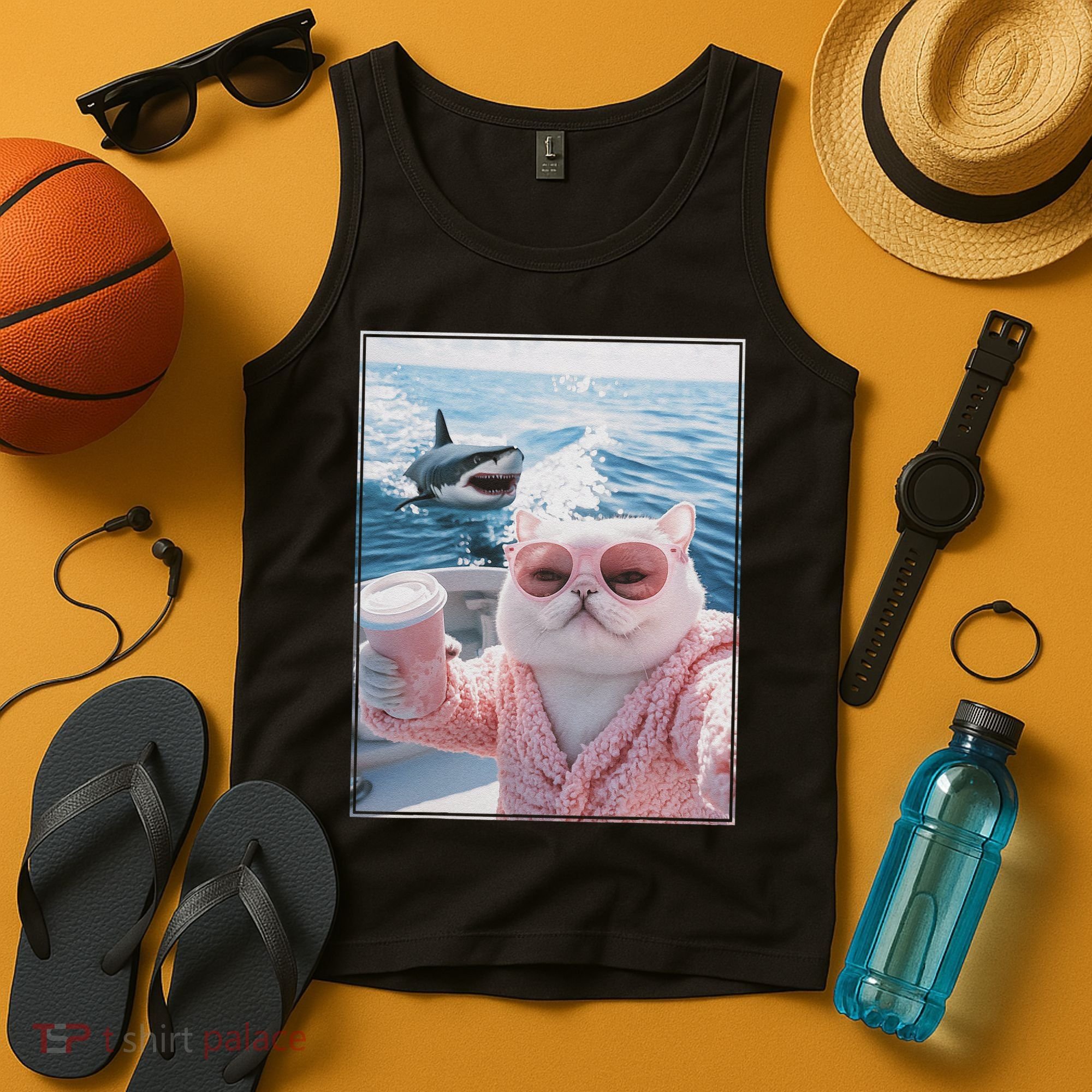 Fat Cat on a Yacht Boat with Shark Cool Funny Cat Meme Tank Top