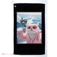 Fat Cat on a Yacht Boat with Shark Cool Funny Cat Meme Golf Towel thumb 0