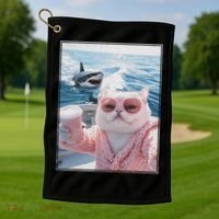Fat Cat on a Yacht Boat with Shark Cool Funny Cat Meme Golf Towel thumb 1