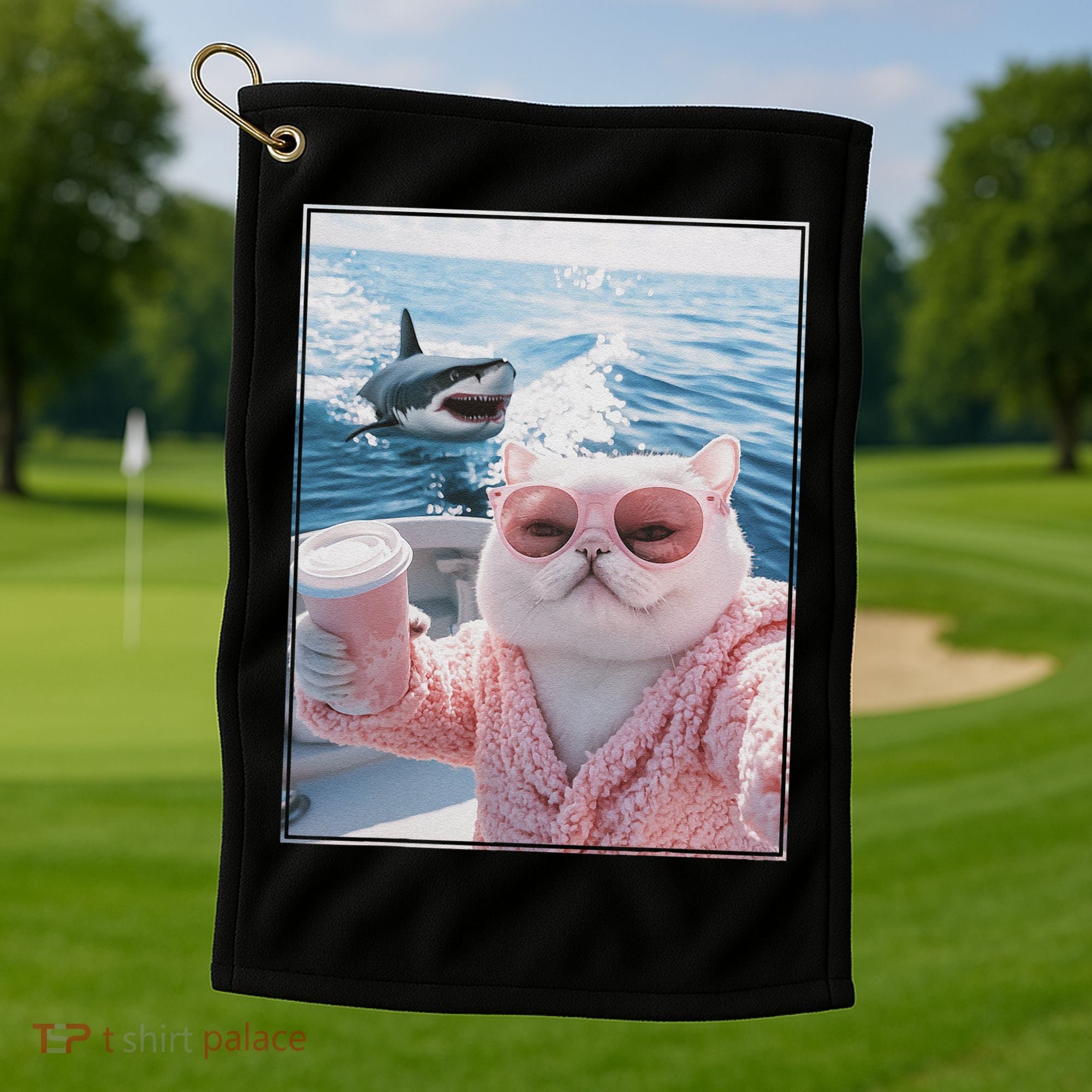 Fat Cat on a Yacht Boat with Shark Cool Funny Cat Meme Golf Towel
