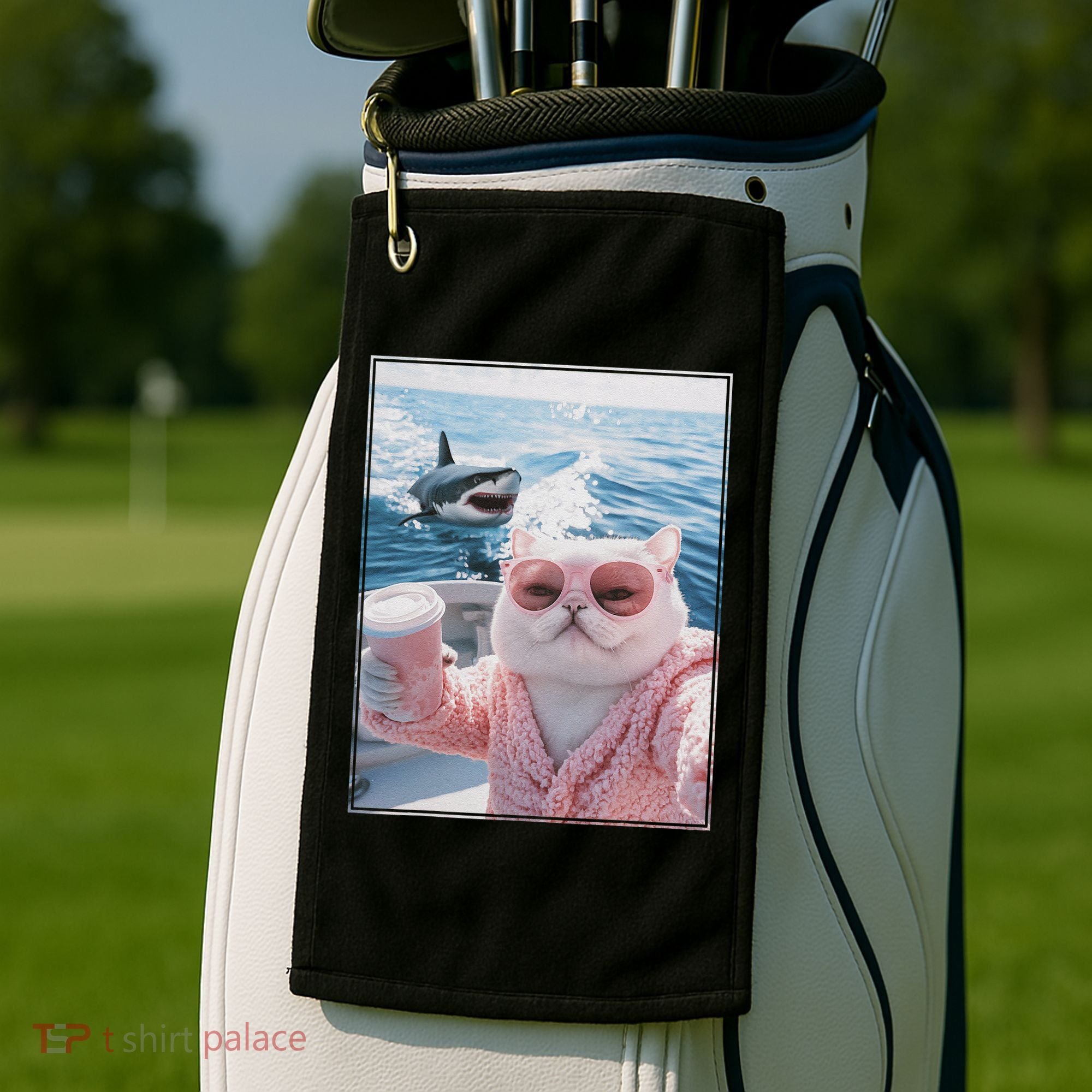Fat Cat on a Yacht Boat with Shark Cool Funny Cat Meme Golf Towel