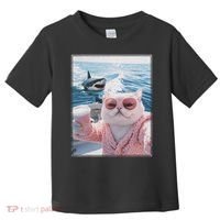 Fat Cat on a Yacht Boat with Shark Cool Funny Cat Meme Toddler T-Shirt thumb 0
