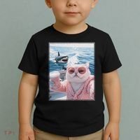 Fat Cat on a Yacht Boat with Shark Cool Funny Cat Meme Toddler T-Shirt thumb 2