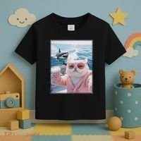 Fat Cat on a Yacht Boat with Shark Cool Funny Cat Meme Toddler T-Shirt thumb 3