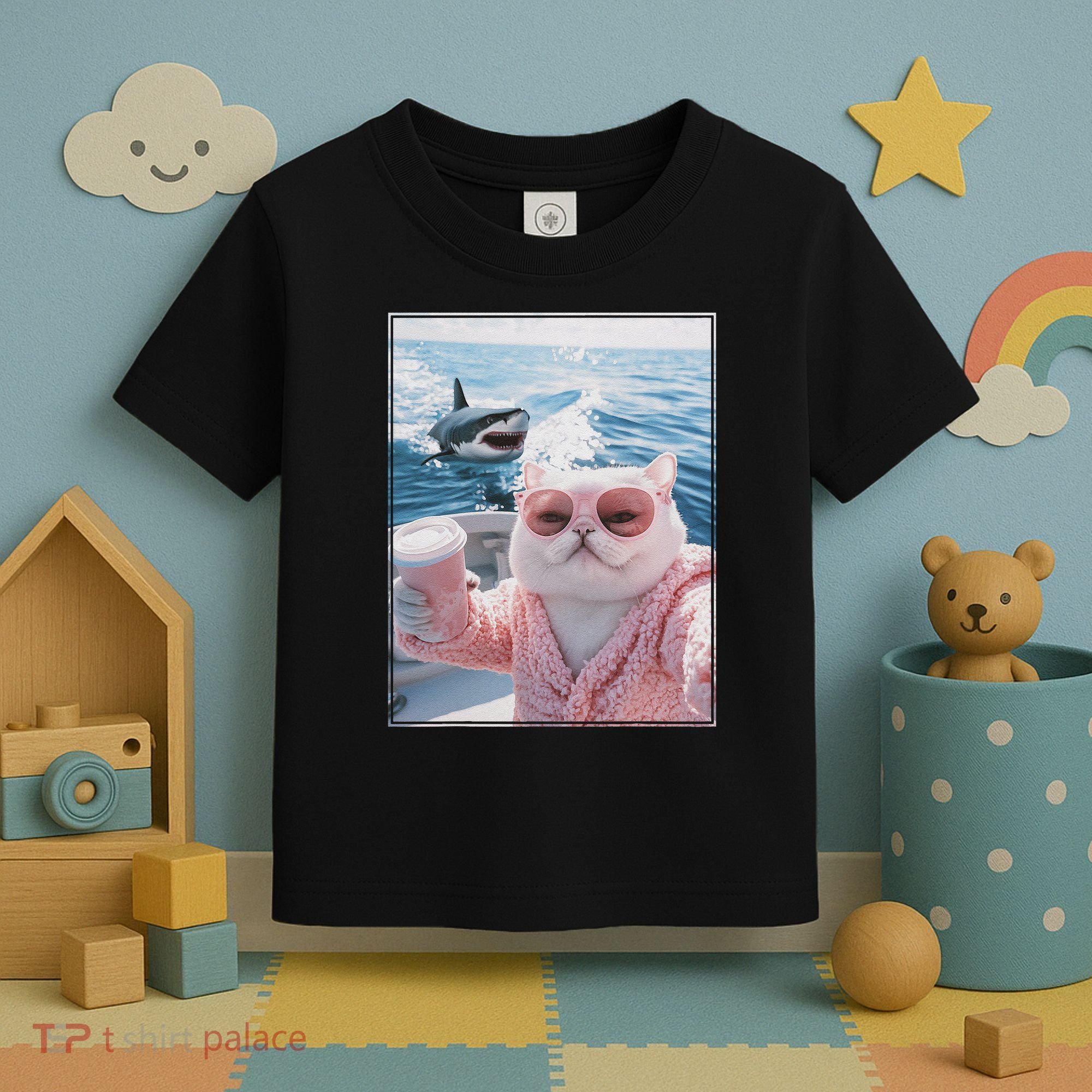 Fat Cat on a Yacht Boat with Shark Cool Funny Cat Meme Toddler T-Shirt