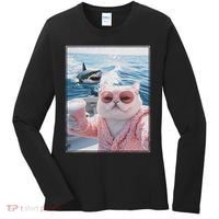 Fat Cat on a Yacht Boat with Shark Cool Funny Cat Meme Women's Long Sleeve Shirt thumb 0