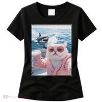 Fat Cat on a Yacht Boat with Shark Cool Funny Cat Meme Women's T-Shirt thumb 0
