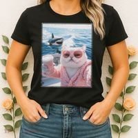Fat Cat on a Yacht Boat with Shark Cool Funny Cat Meme Women's T-Shirt thumb 2