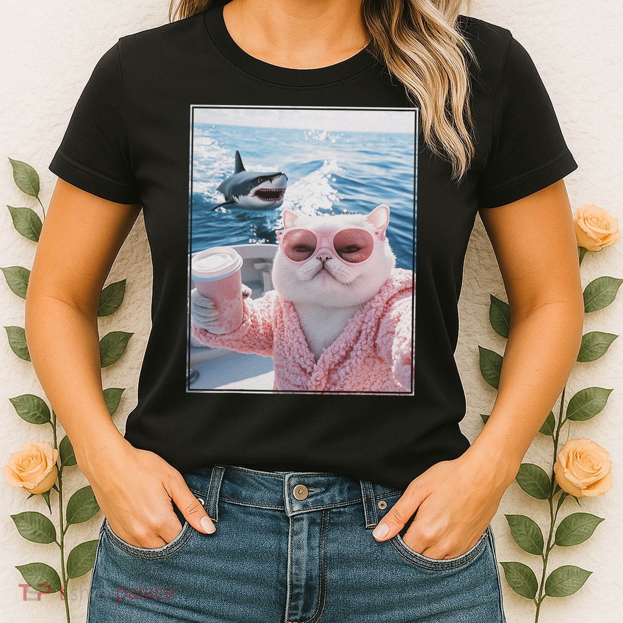 Fat Cat on a Yacht Boat with Shark Cool Funny Cat Meme Women's T-Shirt