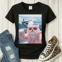 Fat Cat on a Yacht Boat with Shark Cool Funny Cat Meme Women's T-Shirt thumb 3