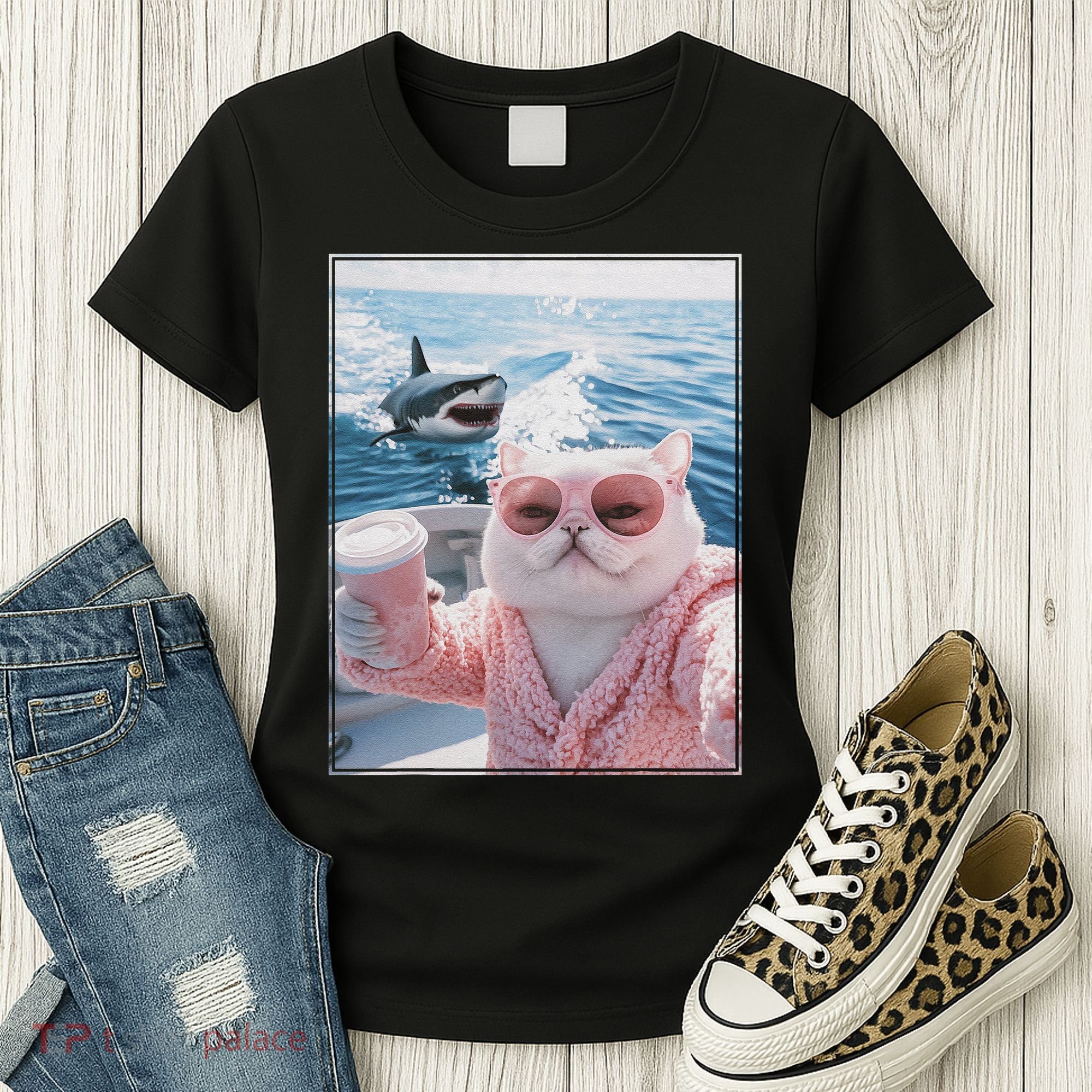 Fat Cat on a Yacht Boat with Shark Cool Funny Cat Meme Women's T-Shirt