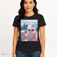 Fat Cat on a Yacht Boat with Shark Cool Funny Cat Meme Women's T-Shirt thumb 4