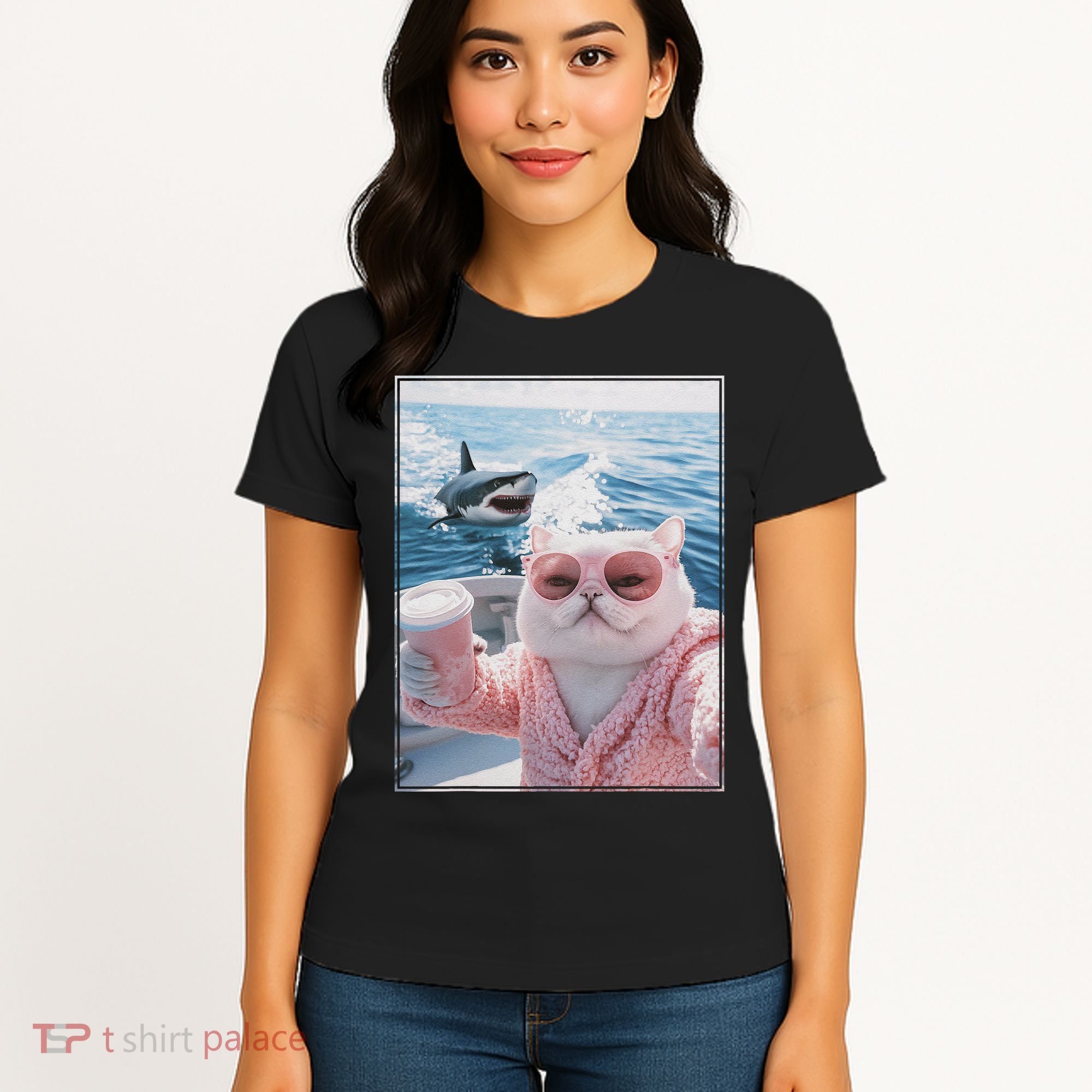 Fat Cat on a Yacht Boat with Shark Cool Funny Cat Meme Women's T-Shirt