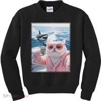 Fat Cat on a Yacht Boat with Shark Cool Funny Cat Meme Kids Sweatshirt thumb 0