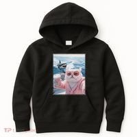 Fat Cat on a Yacht Boat with Shark Cool Funny Cat Meme Kids Hoodie thumb 0