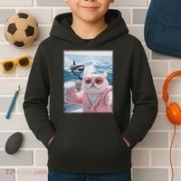 Fat Cat on a Yacht Boat with Shark Cool Funny Cat Meme Kids Hoodie thumb 2