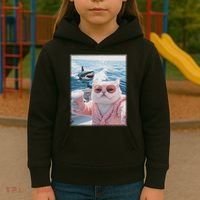 Fat Cat on a Yacht Boat with Shark Cool Funny Cat Meme Kids Hoodie thumb 3