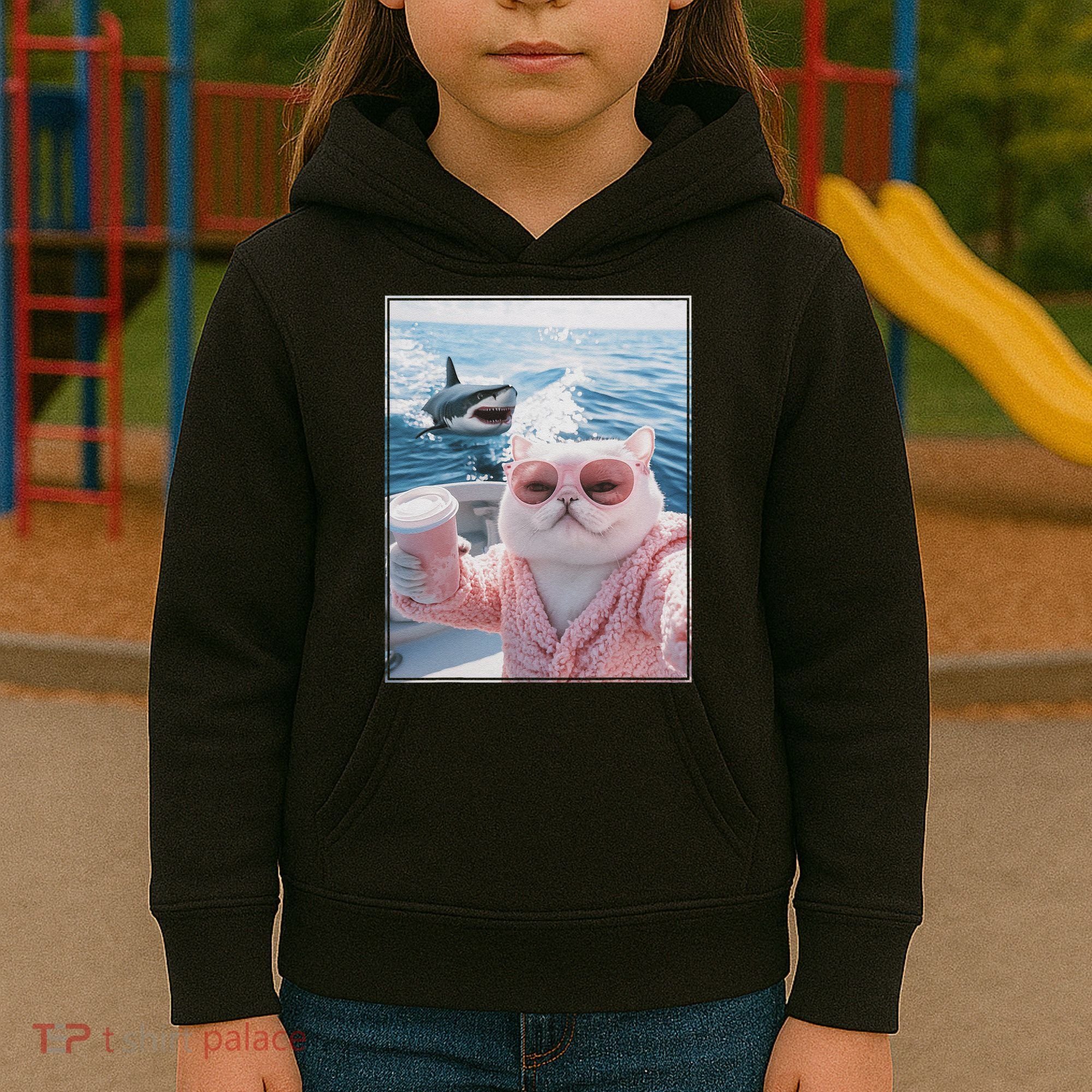 Fat Cat on a Yacht Boat with Shark Cool Funny Cat Meme Kids Hoodie