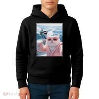 Fat Cat on a Yacht Boat with Shark Cool Funny Cat Meme Kids Hoodie thumb 4