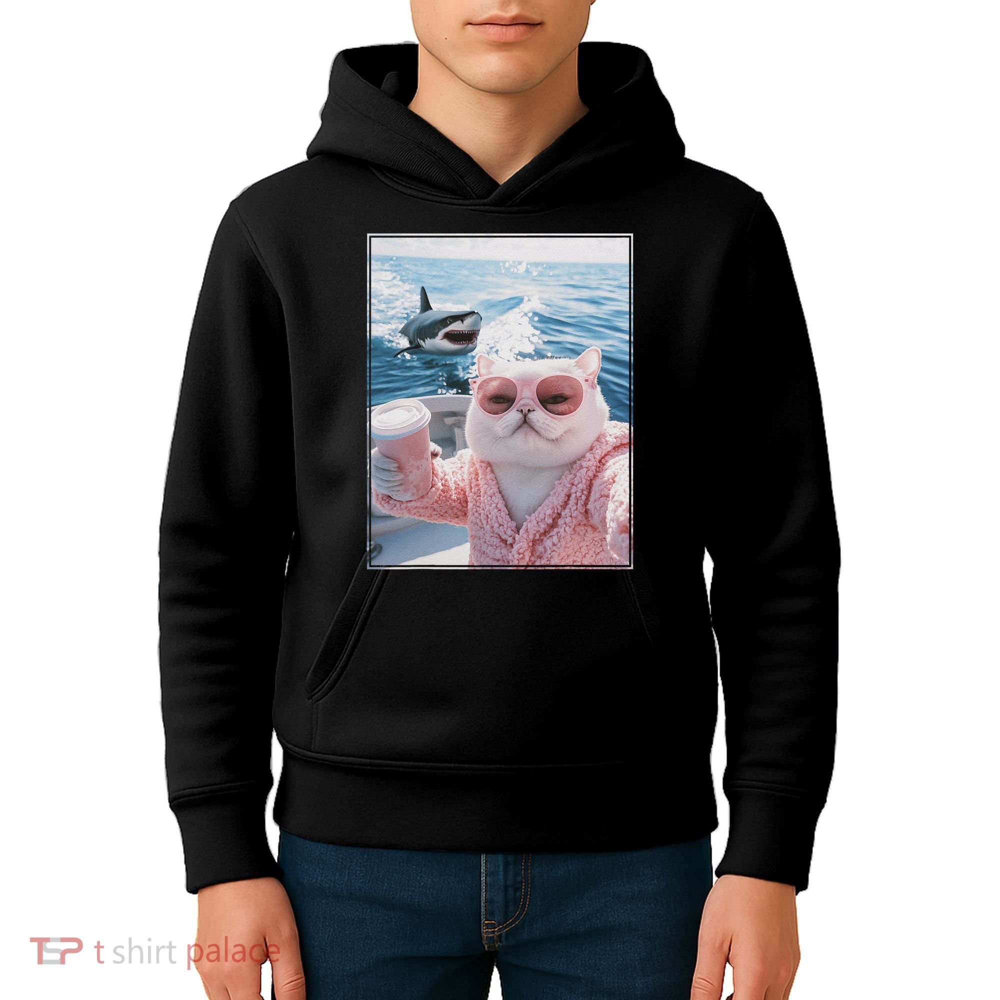 Fat Cat on a Yacht Boat with Shark Cool Funny Cat Meme Kids Hoodie