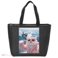 Fat Cat on a Yacht Boat with Shark Cool Funny Cat Meme Tote Bag thumb 0