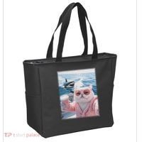 Fat Cat on a Yacht Boat with Shark Cool Funny Cat Meme Tote Bag thumb 2