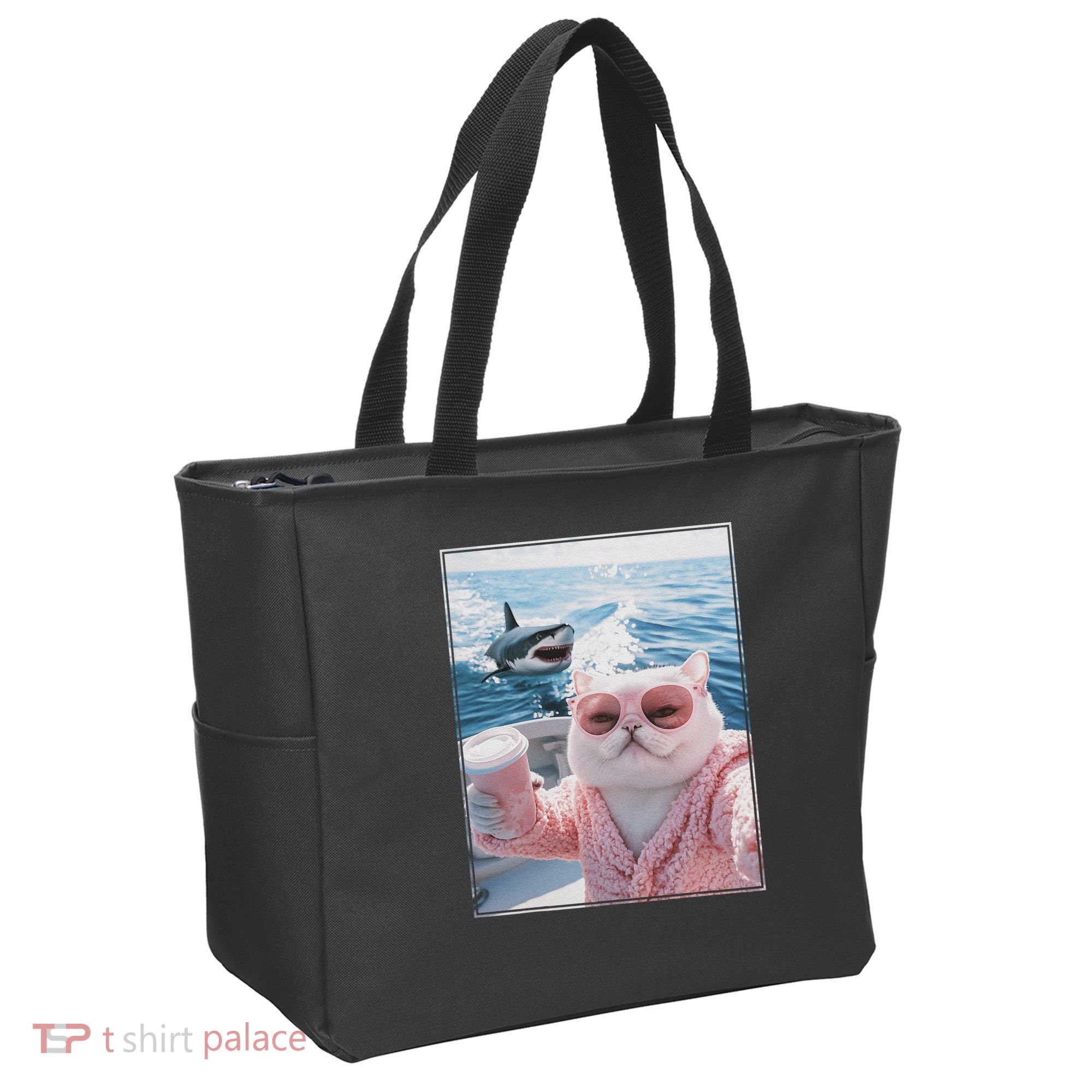 Fat Cat on a Yacht Boat with Shark Cool Funny Cat Meme Tote Bag