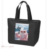 Fat Cat on a Yacht Boat with Shark Cool Funny Cat Meme Tote Bag thumb 3