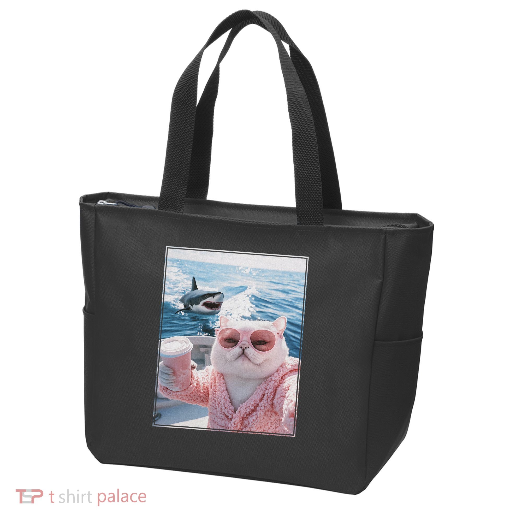 Fat Cat on a Yacht Boat with Shark Cool Funny Cat Meme Tote Bag