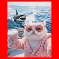 Fat Cat on a Yacht Boat with Shark Cool Funny Cat Meme Santa Hat thumb 1