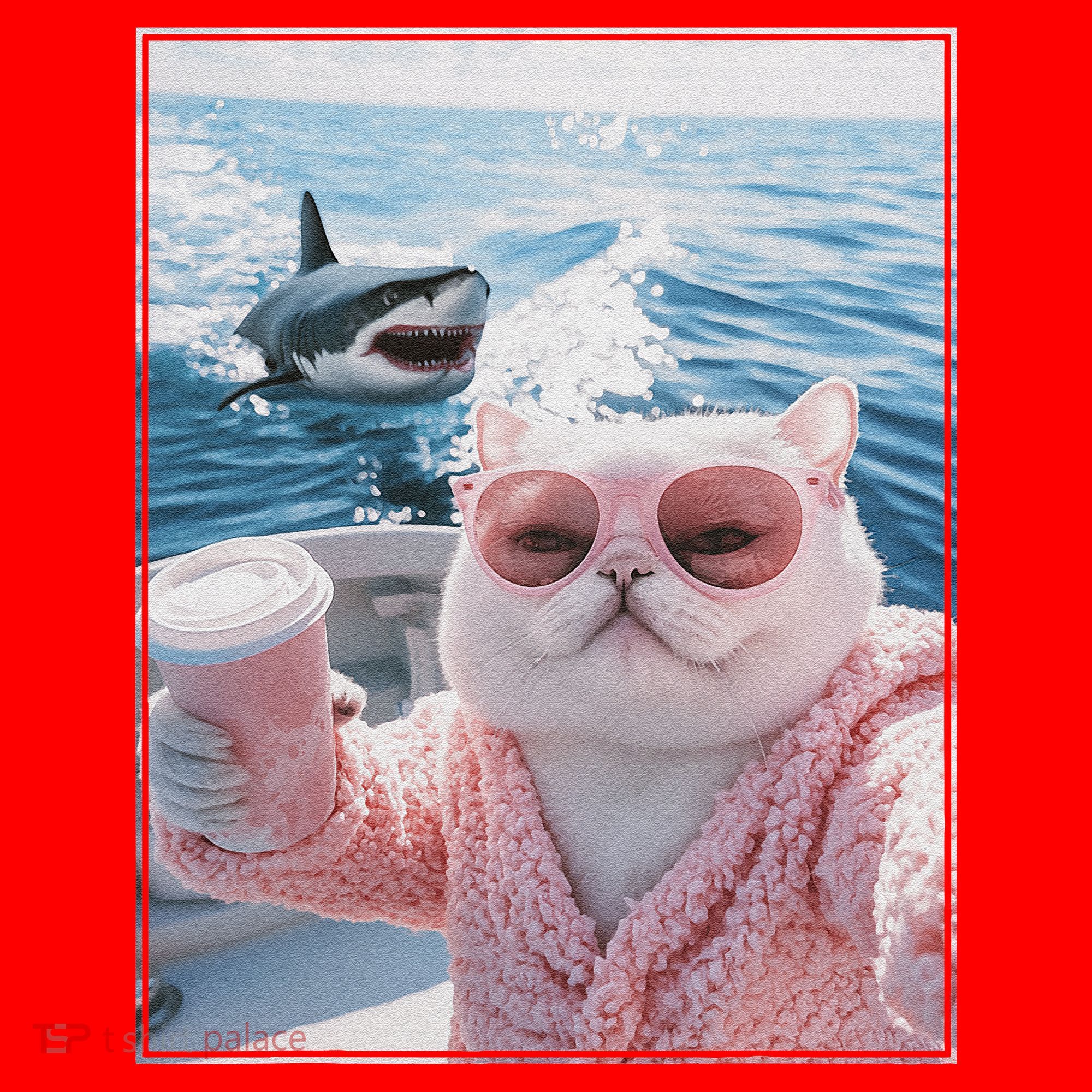 Fat Cat on a Yacht Boat with Shark Cool Funny Cat Meme Santa Hat