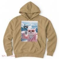 Fat Cat on a Yacht Boat with Shark Cool Funny Cat Meme Hoodie thumb 0