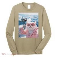 Fat Cat on a Yacht Boat with Shark Cool Funny Cat Meme Long Sleeve Shirt thumb 0