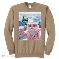 Fat Cat on a Yacht Boat with Shark Cool Funny Cat Meme Sweatshirt thumb 0