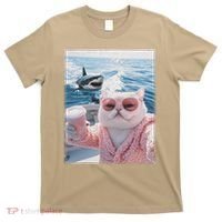 Fat Cat on a Yacht Boat with Shark Cool Funny Cat Meme T-Shirt thumb 0