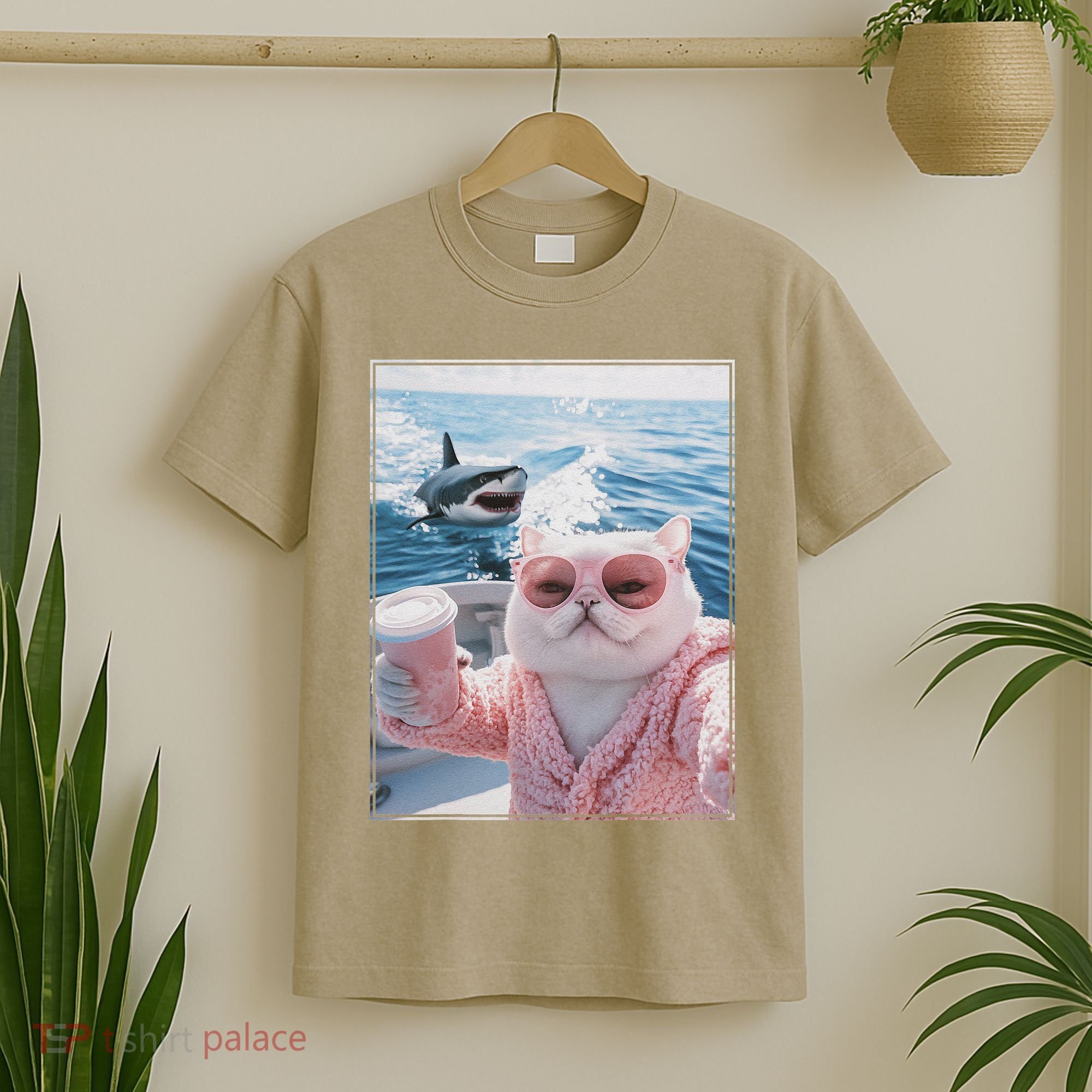 Fat Cat on a Yacht Boat with Shark Cool Funny Cat Meme T-Shirt