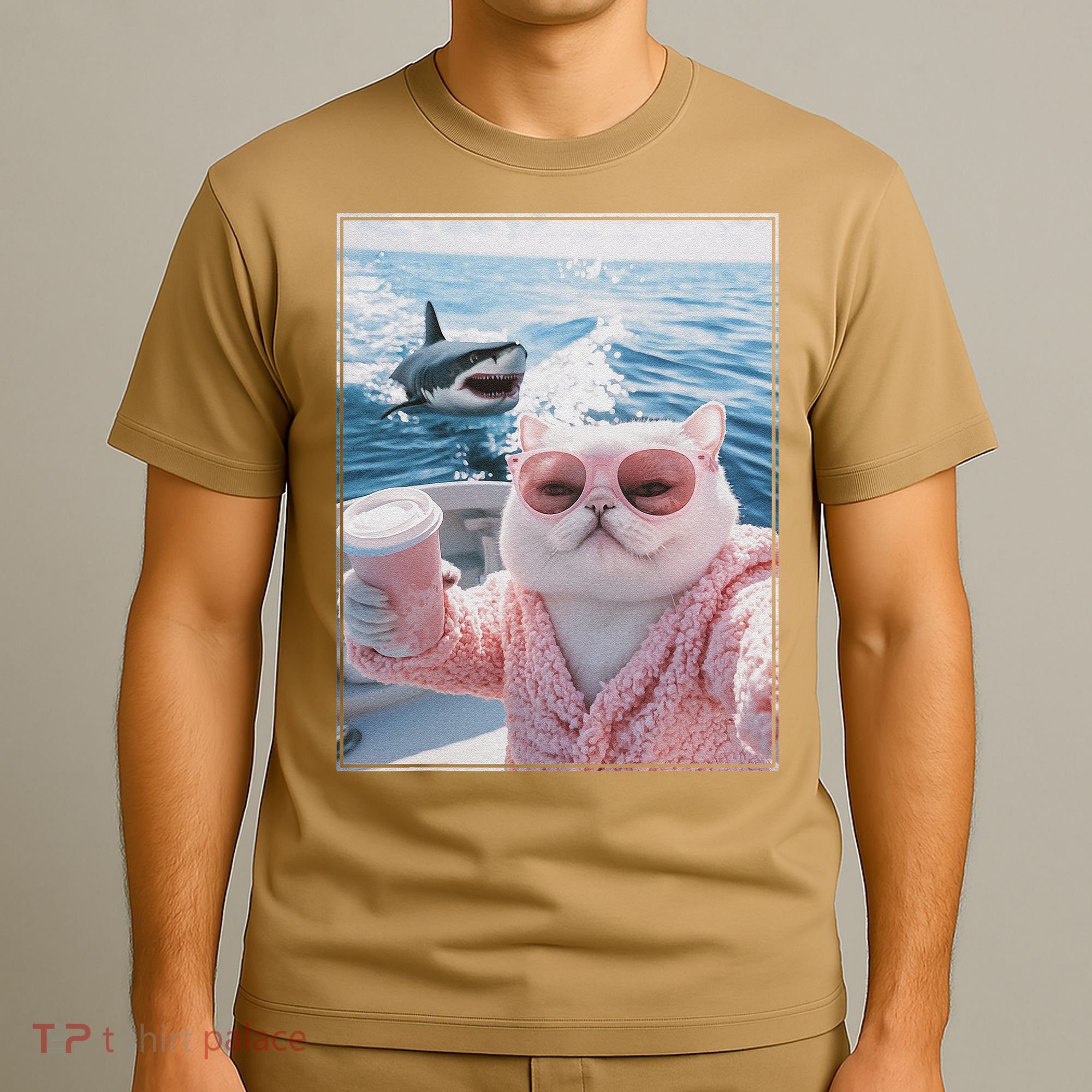 Fat Cat on a Yacht Boat with Shark Cool Funny Cat Meme T-Shirt