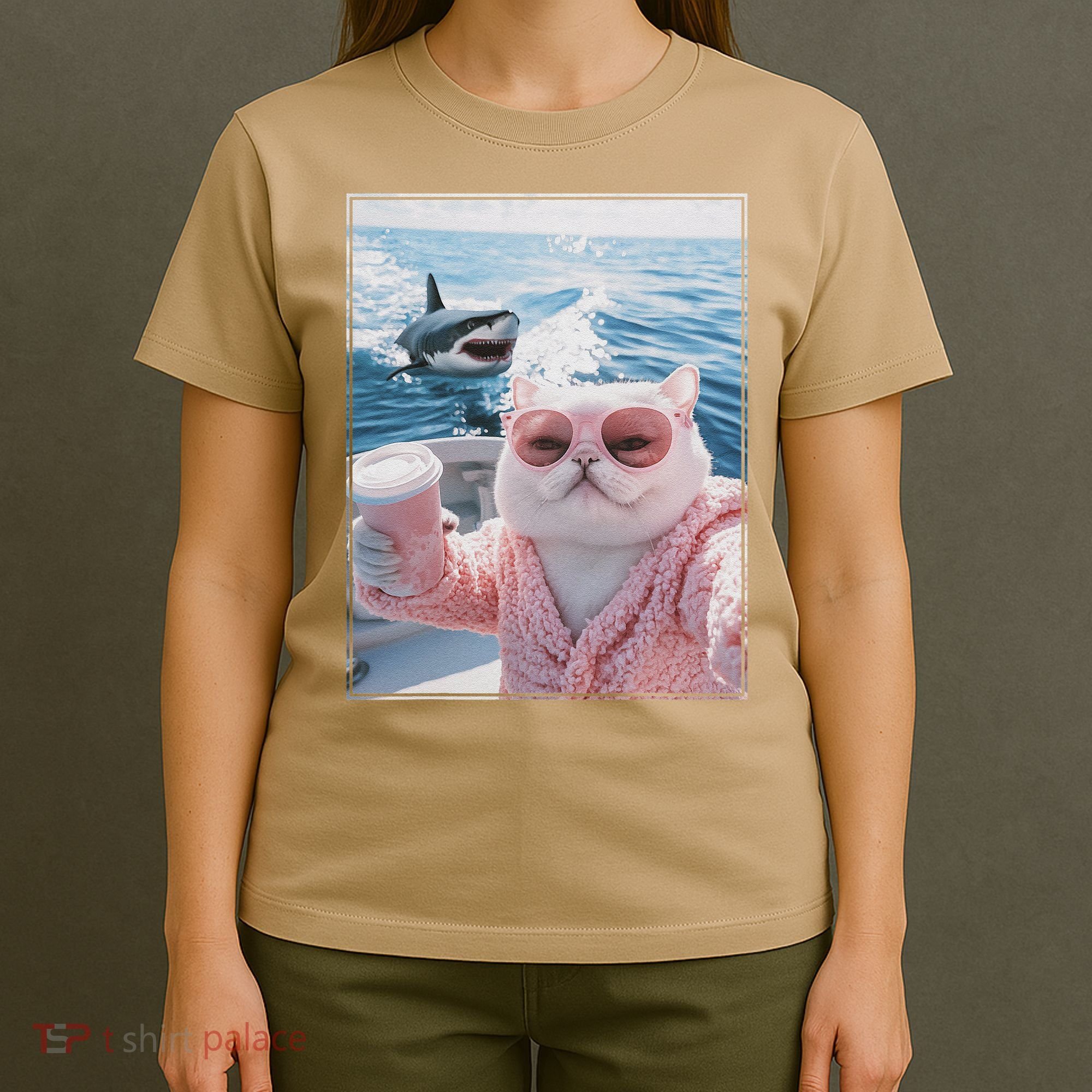 Fat Cat on a Yacht Boat with Shark Cool Funny Cat Meme T-Shirt