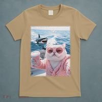 Fat Cat on a Yacht Boat with Shark Cool Funny Cat Meme T-Shirt thumb 5