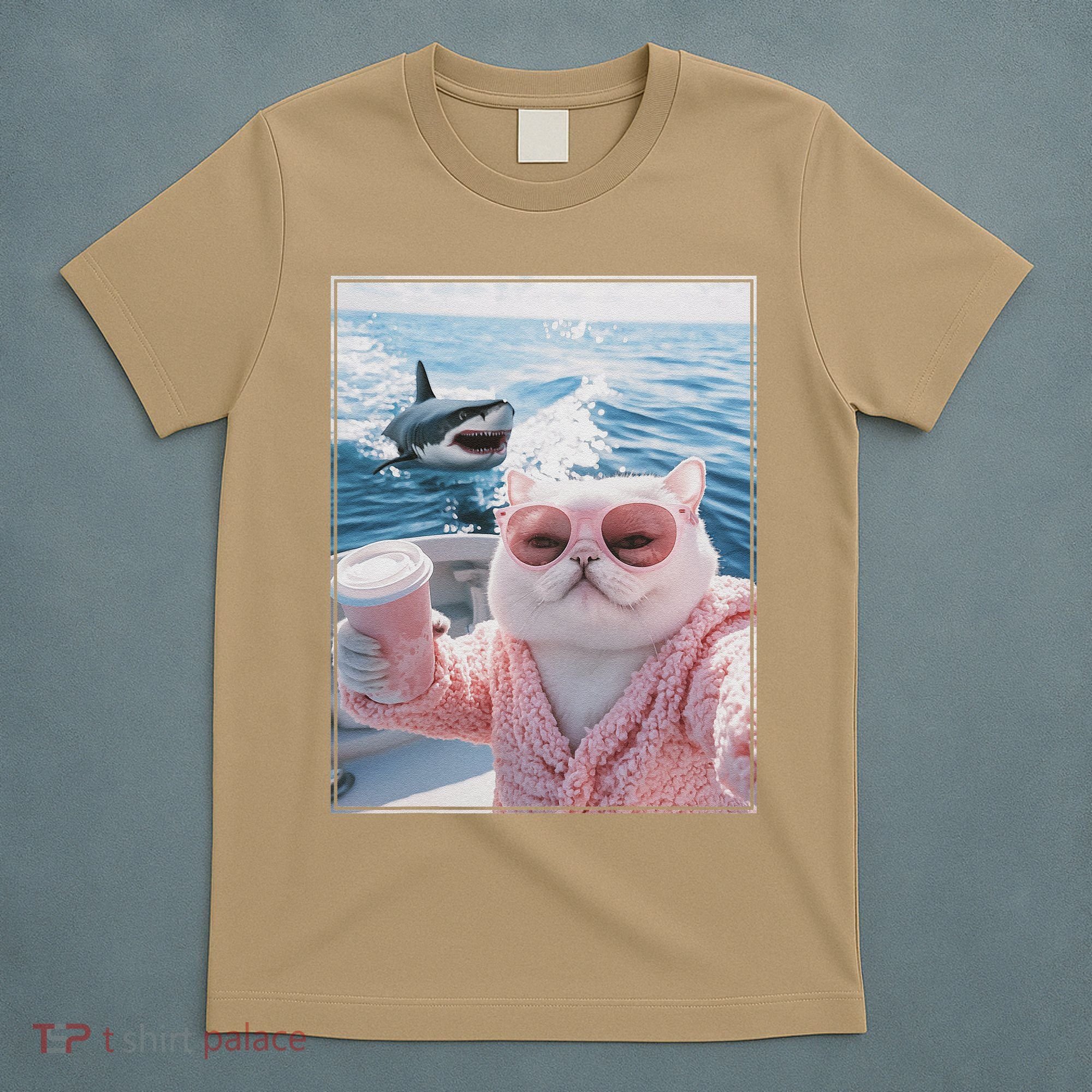 Fat Cat on a Yacht Boat with Shark Cool Funny Cat Meme T-Shirt